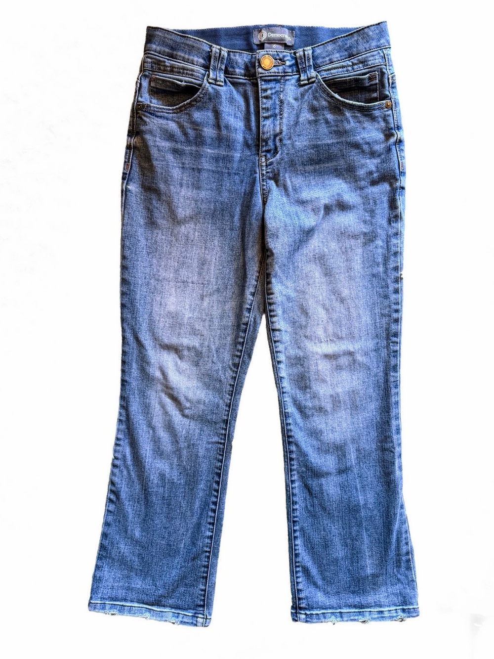 Democracy "Ab" Technology Medium Wash Cropped Flare Raw Hem Jeans Size 6 Womens